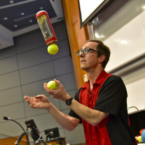 Rhys Thomas juggling act for his Science Circus demonstration.